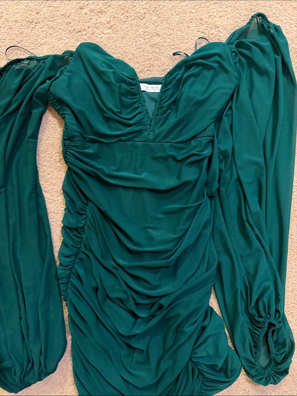 12th Tribe Teal Green Ruched Off-Shoulder Long Sleeve Dress